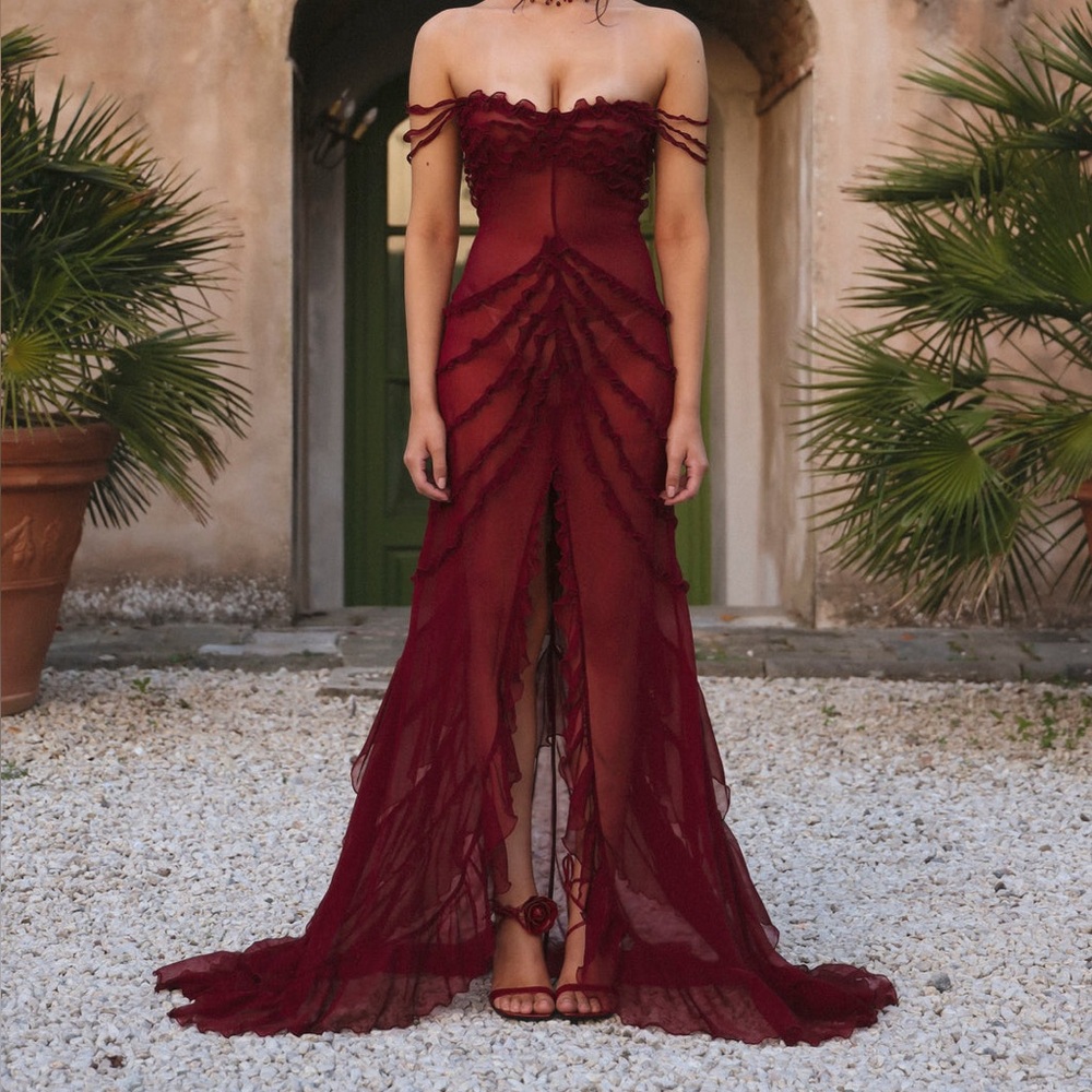 Mirror Palais Cascading Ruffle Gown in Sangre (Sheer)